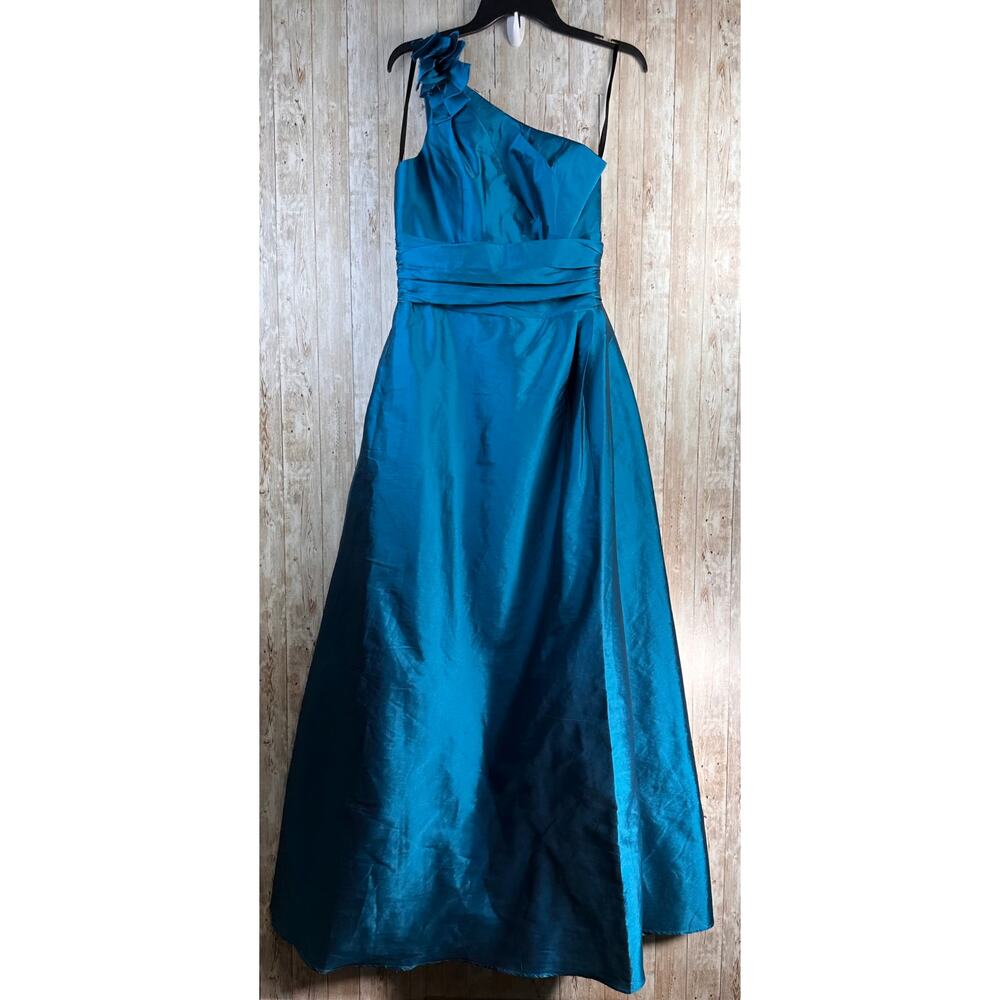 Alvina Valenta Brides Maid Dress 12 Teal Silky Taffeta One Shoulder Prom 90s